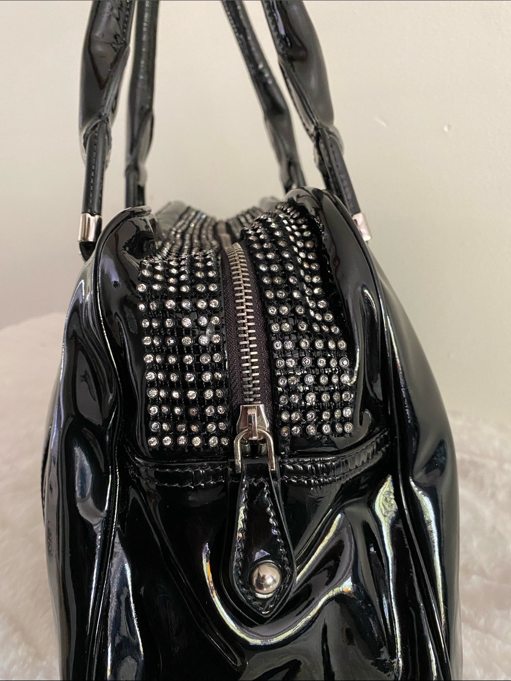 Rioni Studded Shoulder Tote in Glossy Black Patent Leather - Made in Italy - Picture 7 of 17